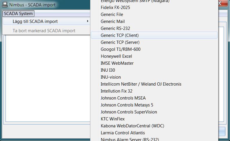 Välj SCADA System > Lägg till SCADA Import > Generic TCP