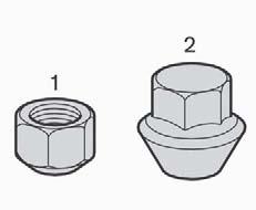 07 Hjul och däck Allmänt 07 Fälgar och hjulmuttrar Låg (1) och hög (2) hjulmutter Använd endast fälgar som är testade och godkända av Volvo och som ingår i Volvo original-tillbehörssortiment.