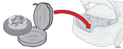 07 Hjul och däck Varningstriangel och reservhjul Reservhjul och verktyg Reservhjul och verktyg Reservhjulet 1 levereras i en däckspåse som placeras i