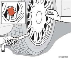 07 Hjul och däck Byte av hjul Losstagning av hjul 07 Sätt ut varningstriangels om ett hjul måste bytas vid en trafikerad plats.
