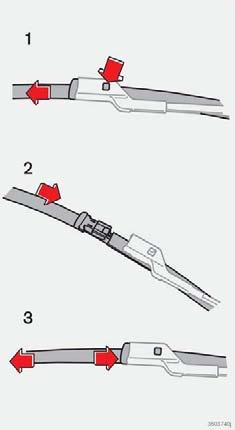 Tryck på knappen som sitter på torkarbladsinfästningen och dra rakt ut (1), parallellt med