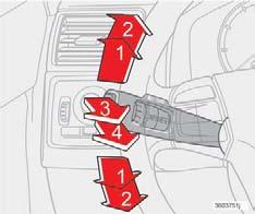 02 Instrument och reglage Vänster rattspak 02 Rattspakens lägen Kort blinksekvens För rattspaken uppåt eller neråt till läge (1) och släpp.