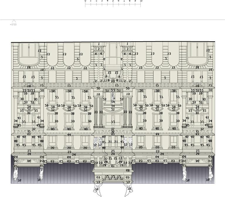 Lista över fasadens detaljer 7 Fasadritning med samtliga detaljer utpekade, AIX arkitekter.