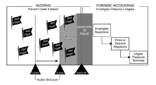 Figur 3: Auditing kontra Forensic Accounting. Illustration över varningssignaler för möjliga ekobrott och när revisorn ska lämna vidare ärendet till Forensic Accountants (Golden et al., 2015, s.