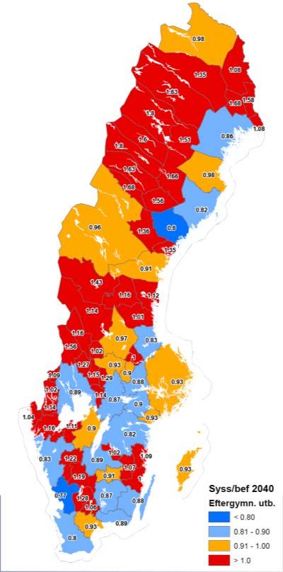 Förvärvsgrader eftergymnasial utbildning 2040 Arbetskrafts- och kompetensförsörjning åtgärder och förslag (1) Ökad inflyttning rörlighet mot större städer, flyin fly-out, statliga subventioner?