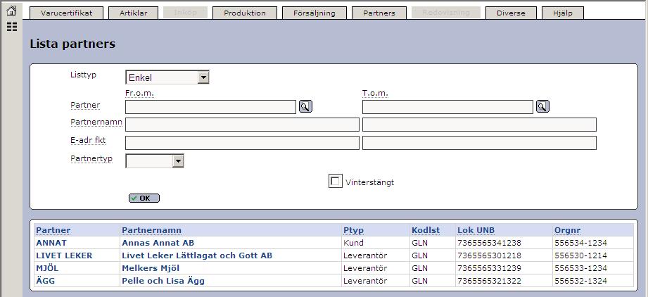 3 Lista partners Under Partners Lista partners kan ni skriva ut olika listor över era partners.