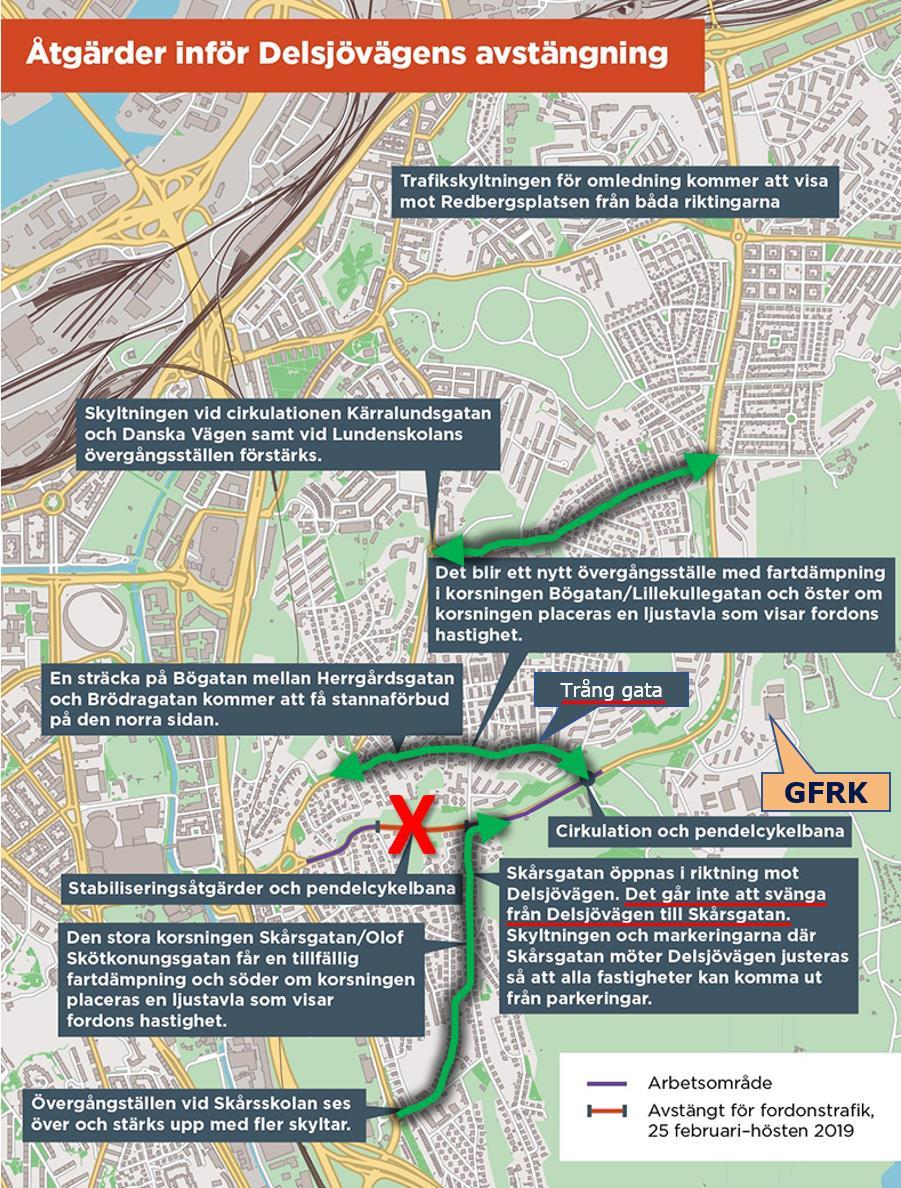 Delsjövägen avstängd En bit av Delsjövägen mellan GFRK och E6 kommer vara avstängd för biltrafik från och med 25 februari och fram inpå hösten. Fotgängare och cyklister ska inte påverkas.