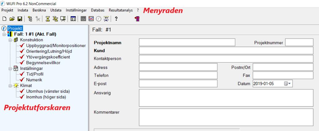 4.2.1 Inledning - Användargränssnitt Figur 23 (WUFI PRO 6.2 2019) presenterar det för användaren relativt användarvänliga användargränssnitt (gränssnitt) som utgör startsida hos WUFI PRO 6.2. Längs gränssnittets vänstra kolumndisplay presenteras Projektutforskaren.