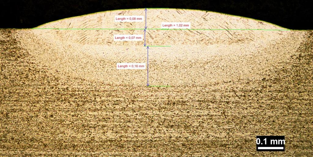 Figure 11 a micro laser weld with the same parameters as Figure 10 in a Ti64 plate coupon The cast material in Figure 10 has a far larger grain structure than the rolled plate material in Figure 11