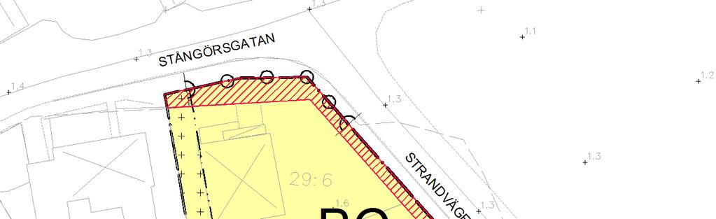 19 (20) Utdrag från plankarta som redovisar intrånget i gällande detaljplan; Dp Klackskär; rödskrafferat område.