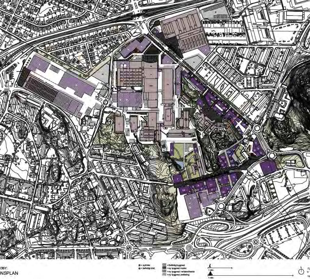 PM Figur 1. Översiktsbild över. Befintliga byggnader är gråbruna, nya kontor är lila, nya verkstäder/kontor är streckade och nya parkeringsgarage är gråa. 3 Beräkningar 3.