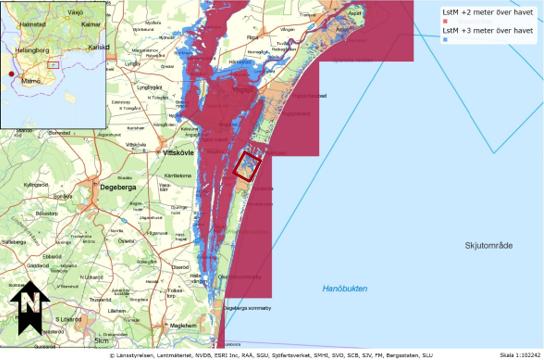 BESLUT 6(12) Figur 3: Områdets utsatthet i ett större perspektiv vid havsnivåer +2 (lila) och +3 (blå). Planområdet ligger vid röd markering.