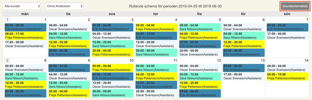 Klicka på Spara för att skapa grundschemat. Schemaläggning i grundschema Att skapa pass fungerar på liknande sätt i grundschema som i kalendern och i rapporten.