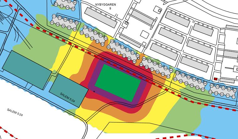 kan inte helt uteslutas. Närmsta bostäder vid Nybyggaren har sina uteplatser vända mot fotbollsplanen. En viss risk finns att ljudnivån vid dessa komma att uppfattas som störande.