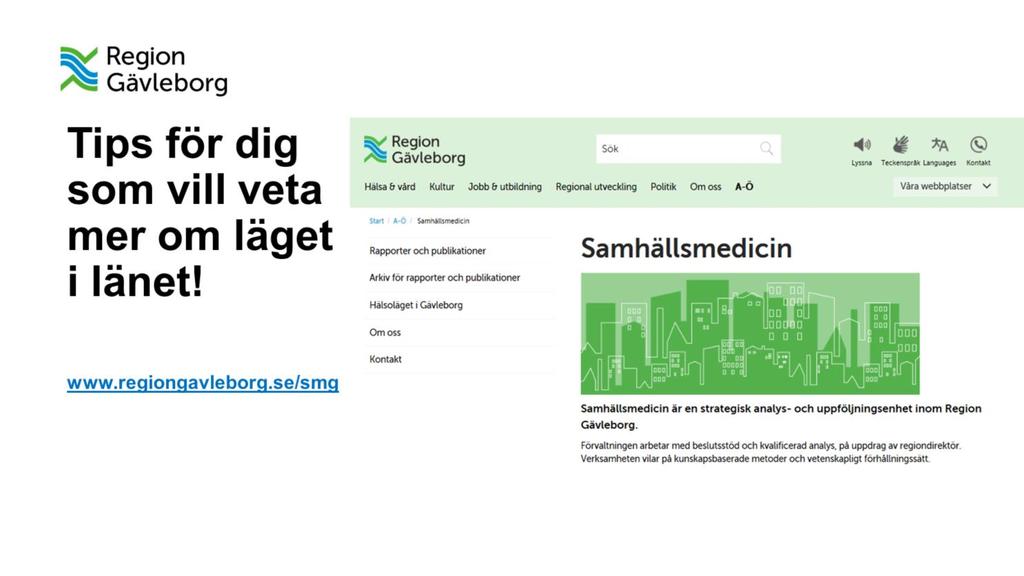 Nulägesbeskrivningar av hälsans fördelning i befolkningen i Gävleborgs län finns i de kunskapsunderlag som ligger till grund för Folkhälsoprogrammet respektive handlingsplanen: Folkhälsa i Gävleborg