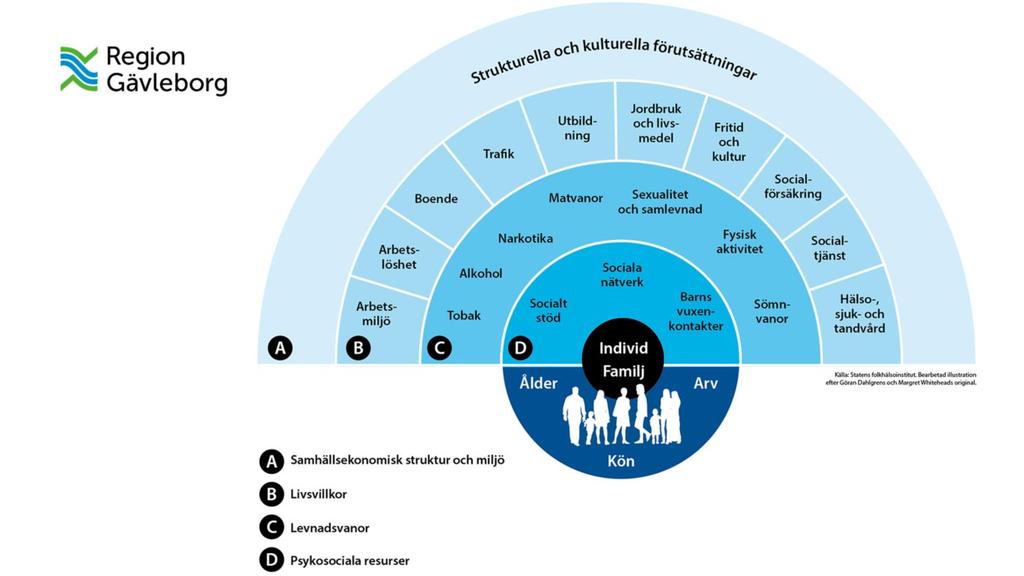 Hälsans bestämningsfaktorer och livsvillkor Människors hälsa bestäms av många olika individuella, sociala, ekonomiska och miljömässiga faktorer (se figur ovan).