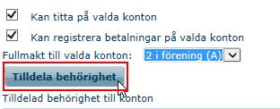 Beroende på vilka behörigheter användaren ska ha så ska du markera rutorna: Kan titta på valda konton Kan