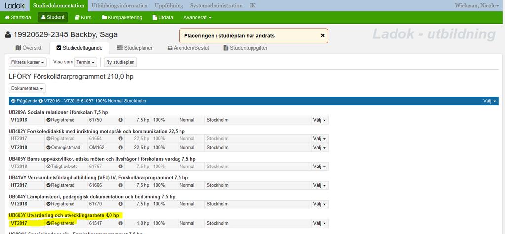 Ändra placering i studieplan Nu