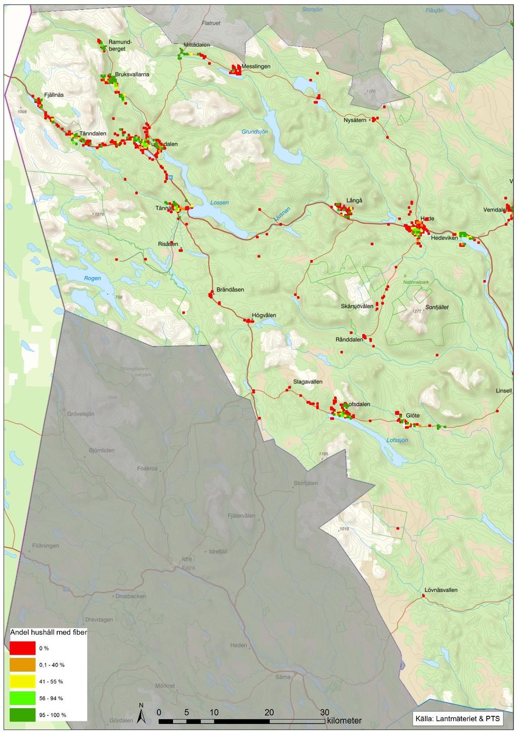 Härjedalens kommun, västra delarna Andel hushåll med fiberanslutning 2018-10-01. Varje ruta är 250 x 250 m.