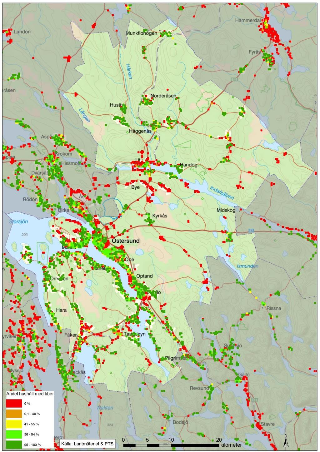 Östersunds kommun Andel hushåll med fiberanslutning 2018-10-01. Varje ruta är 250 x 250 m.