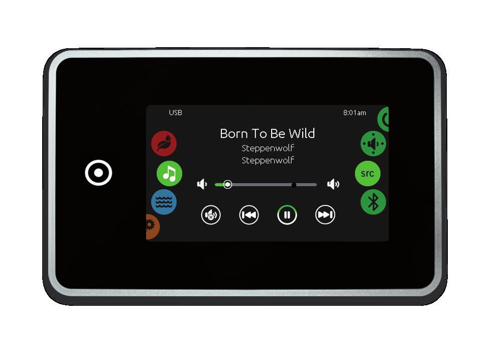 LJUDLÄGE (endast tillgängligt om systemet ansluter sig till Aquasoul Pro Audio) Läge Reglagehjul: ljudläge Direktfunktionshjul på/av högtalare källa bluetooth Tystläge / sista spåret / spela / pausa