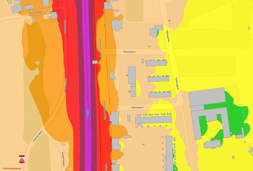 Buller från järnvägar Bebyggelsen inom planområdet påverkas framförallt av buller från järnvägstrafiken. Omgivande gator har väldigt låg trafik.
