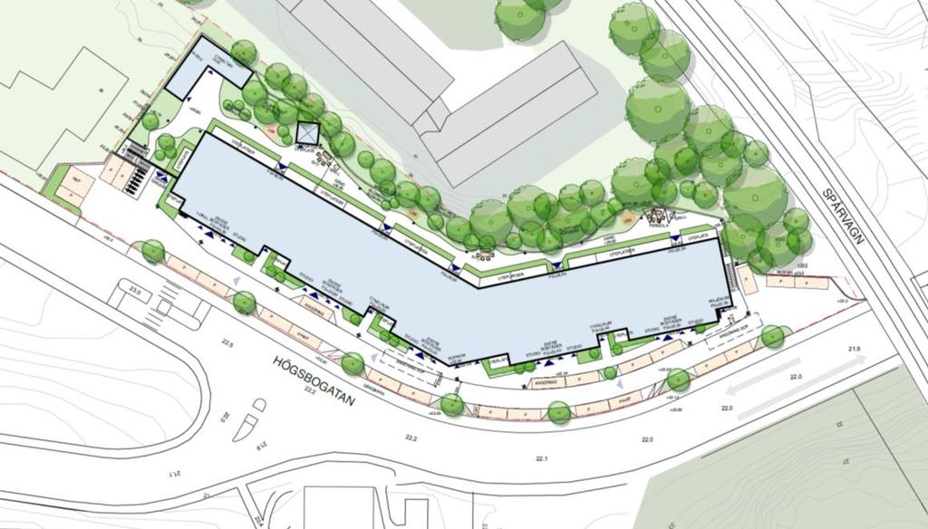 Illustrationsplan över bebyggelseförslaget, skiss (ÅWL). Total sammanlagd bruttoarea som medges är 9200 kvm, inklusive garage under byggnaden.