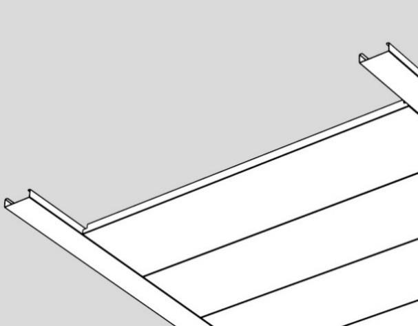 Linjära paneltak Tak med stora bärprofiler där kortändarna av takpanelerna vilar.
