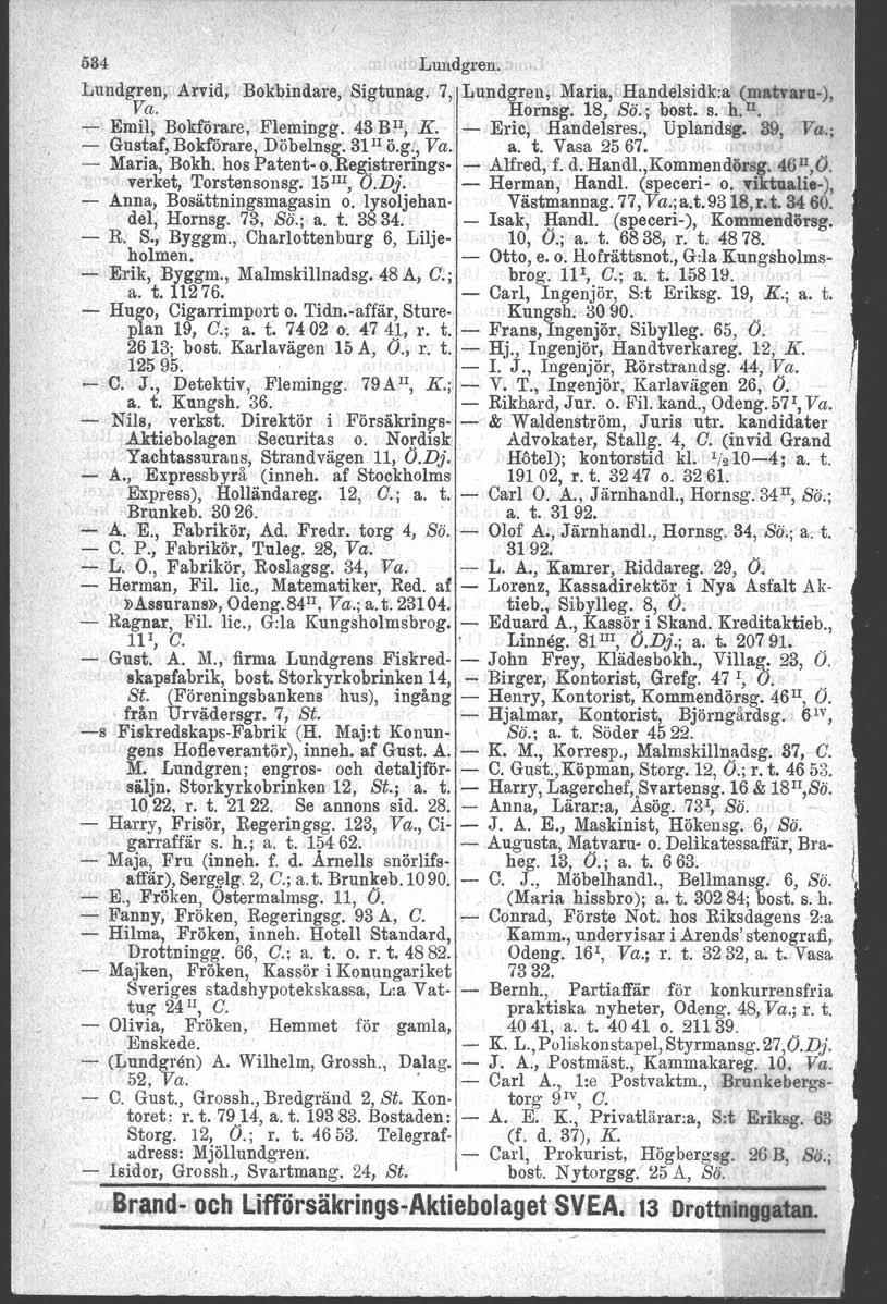 634. Lundgren.. Lundgren; Arvid, Bokbindare, Sigtunag. 7, Lundgren, ~aria, Handelsidk.a (matvaru-), Va..' ' Hornsg. 18, Sö.; bost. s. h. ll. - Emil, Bokförare, Flemingg. 43 B~r, K. - Eric, Handelsres.