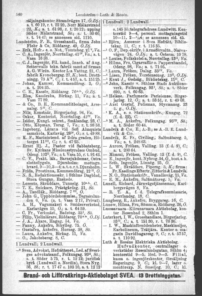 540 Lundström-Luth &. Rosen. säljningskontor Strandvägen 17, O.Dj.; i Lundvall. 2 Lundwall. a. t. 6019, r. t. 2220, Norr Mälal'strand ---~, --' ---,------~---- 22,,K.;;, a. t. 61 98~ r. t. 2012: upplag 0.