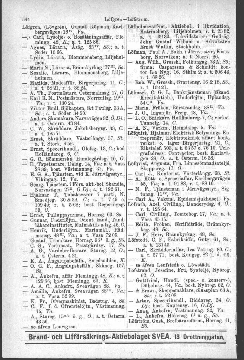 044 Löfgren - Löfström. Löfgren, (Lövgren), Gustaf, Köpman, Karl- Löfholmsvarfvet, - Ali:tiebOl., i likvidation,, bergsvågenr Itl!", Va. '. Katrineberg, Liljeholmen: r. t. 2382, -,s Ca~l, Lysolje- o.