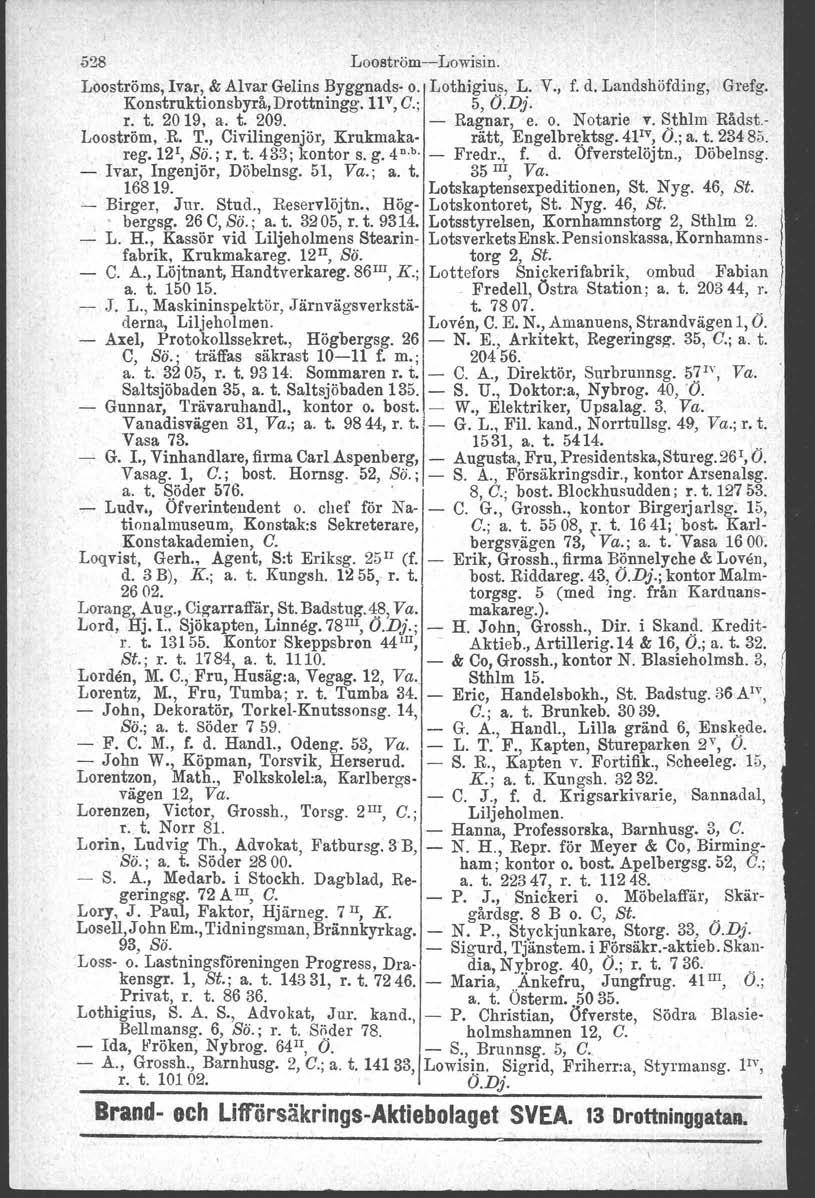 528 Looström--Lowisin: Looströms, Ivar, & Alvar Gelins Byggnads- o. Lothigius, L. V., f. d. Landshöfding, Grefg. Konstruktionsbyrå,Drottningg. liv, G.; 5, Ö.Dj. r. t. 2019, a. t. 209. - Ragnar, e. o. Notarie v.