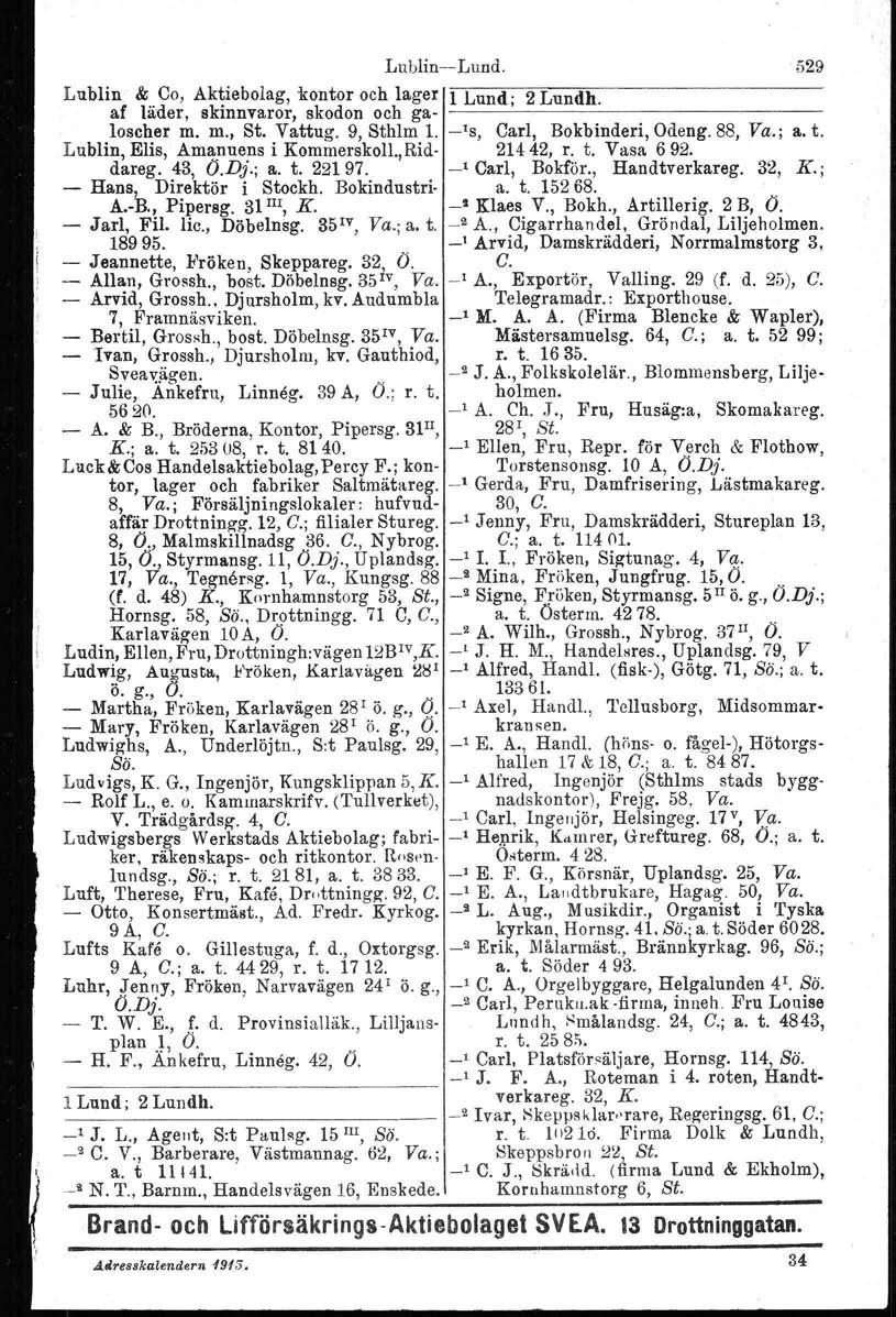 Lublin-Lund. Lublin & Co, Aktiebolag, kontor och lager 1 Lund; 2 Lundh. af låder, skinnvaror, skodon och ga-i~=-~':--:'''''':''::-=-==:::''---------- Ioscher m. m., St. Vattug. 9, Sthlm 1.