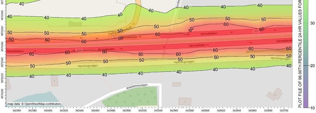 För NO2 Dygn finns inget miljökvalitetsmål. Figur 3 Spridningsberäkning för det 8:e värsta dygnet för NO2 (98-percentilen).