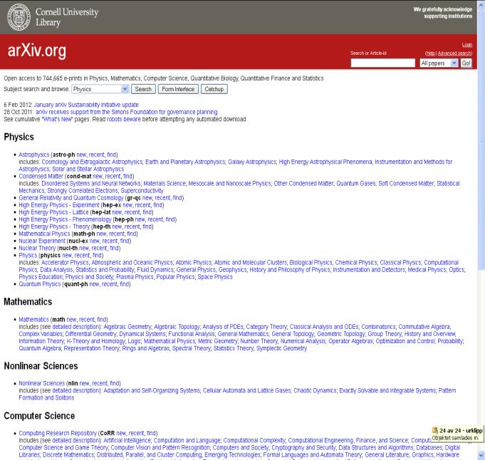 Öppna e-printarkiv Internationella ämnesarkiv, från 1990- ArXiv - fysik, matematik,
