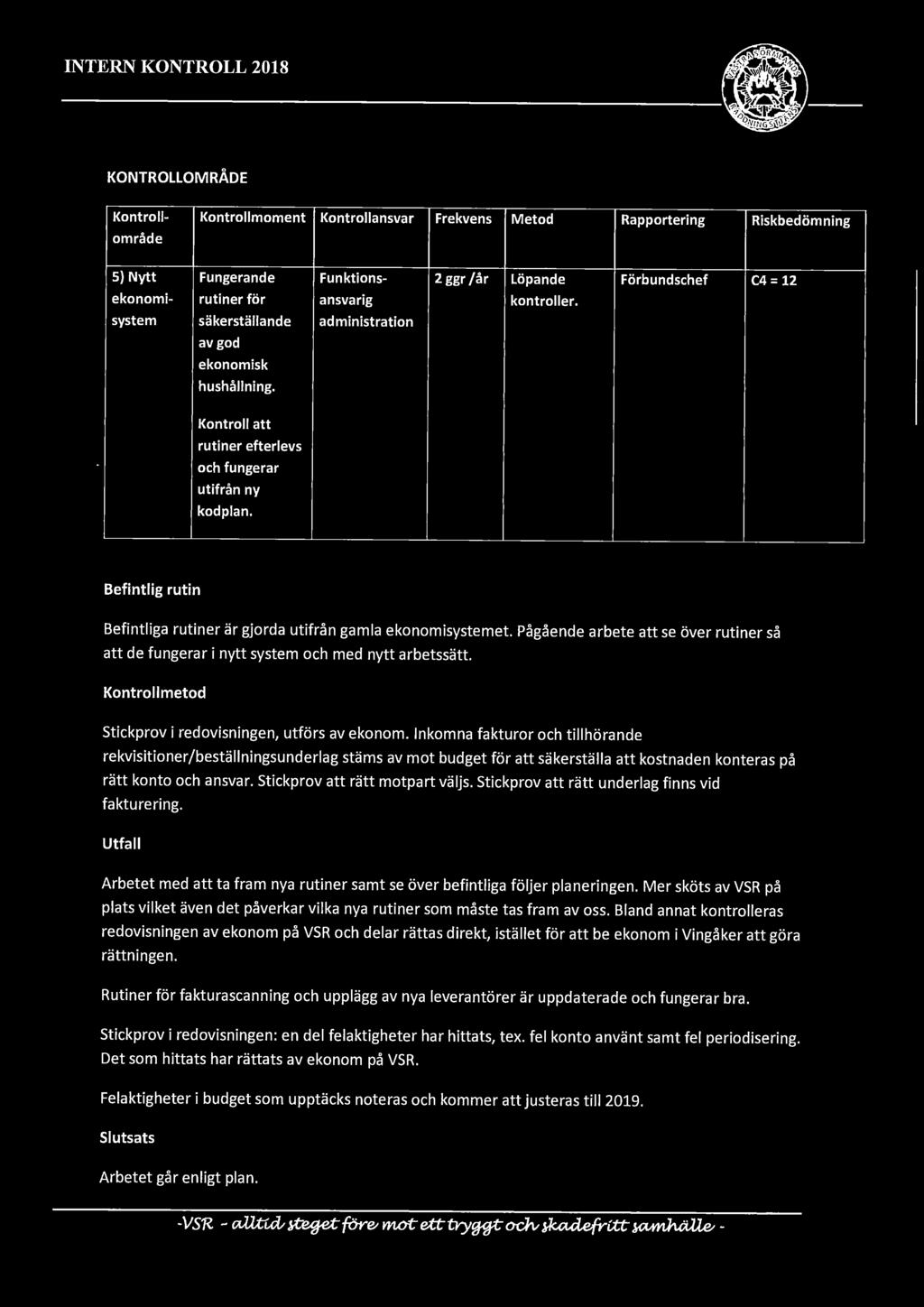 Befintlig rutin Befintliga rutiner är gjorda utifrån gamla ekonomisystemet. Pågående arbete att se över rutiner så att de fungerar i nytt system och med nytt arbetssätt.