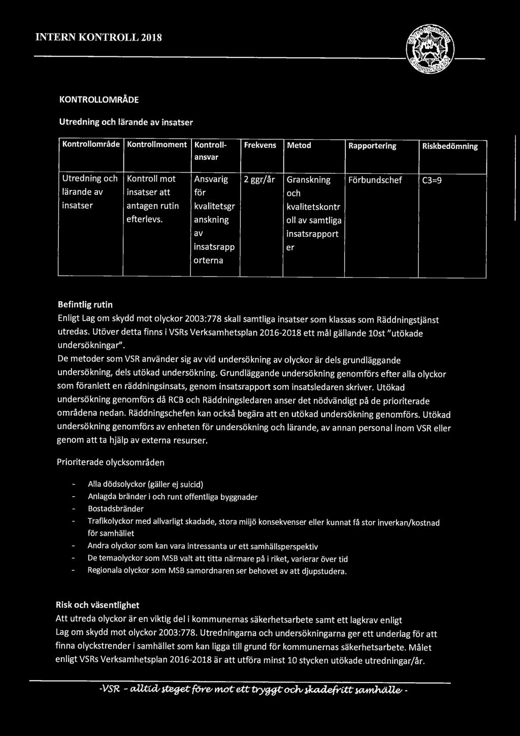 anskning all av samtliga av insatsrapport insatsrapp er orterna Befintlig rutin Enligt Lag om skydd mot olyckor 2003:778 skall samtliga insatser som klassas som Räddningstjänst utredas.