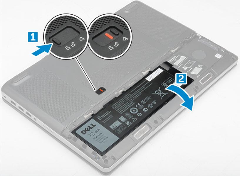 Installera batteriet 1 Skjut in batteriet i facket tills det klickar på plats. 2 Installera batterihöljet. 3 Följ proceduren i När du har arbetat inuti datorn.