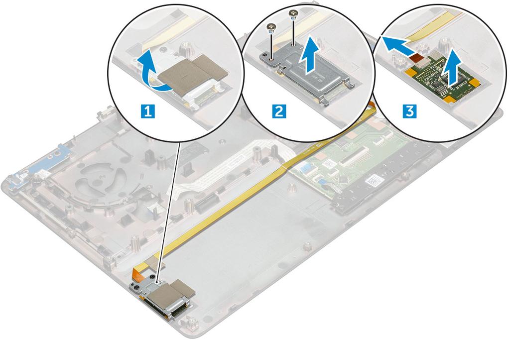 Installera fingeravtrycksläsaren 1 Placera fingeravtrycksläsaren på den ursprungliga positionen i chassit. 2 Anslut kabeln till fingeravtrycksläsaren. 3 Placera ut metallfästet på chassit.