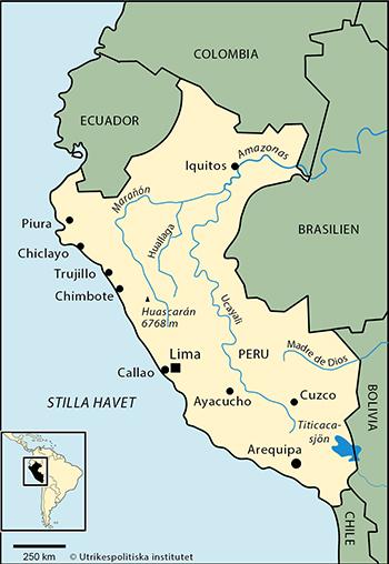 Yta 1 285 216 km2 (2017) Tid svensk - 6 timmar Angränsande land/länder Ecuador, Colombia, Brasilien, Bolivia, Chile Huvudstad med antal invånare 1 Lima 8 617 000 Övriga större städer Arequipa (861