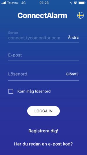 0 Starta Appen Connect alarm, läs och acceptera Slutanvändaravtalet och