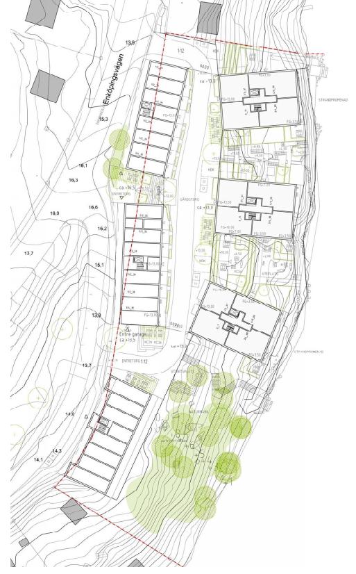 Sida 3 (7) Figur 2 Skissförslag från Arkitema Architects 2016-08-22. Byggnader samt markerad källarutbredning.