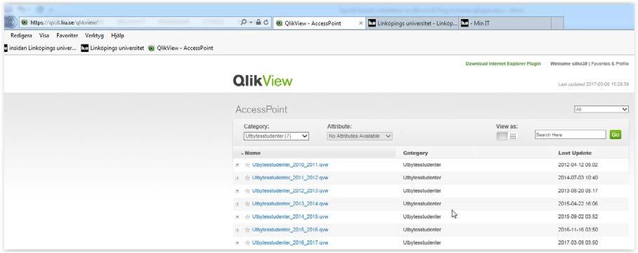 5(9) 4 Access Point och öppna en applikation 4.1 Ställa in Access Point Starten för alla Qlikview applikationer är Access Point. Härifrån når du alla applikationer som du är behörig till.