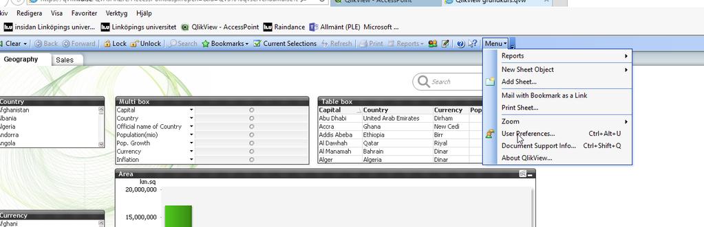 7(9) 5 Några användarinställningar i Qlikview 5.1 Ställa in språk & urvalsbox vid Excel export 1. Under Menu, välj User preferences 2.