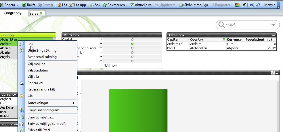 8(9) 6 Tips för att jobba i Qlikview 6.1 Söka och göra urval Här summeras några enkla begrepp och handhavande som att söka och göra urval i Qlikview.