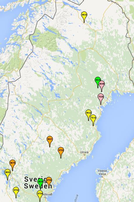 Figur 1: Karta över samtliga mätplatser, norra Sverige.