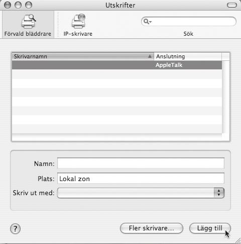 MAC OS X + 14 Konfigurera skrivardrivrutinen. Proceduren för hur man konfigurerar skrivardrivrutinen varierar beroende på operativsystemets version. Tillvägagångssättet för versionerna 10.4.11 och 10.