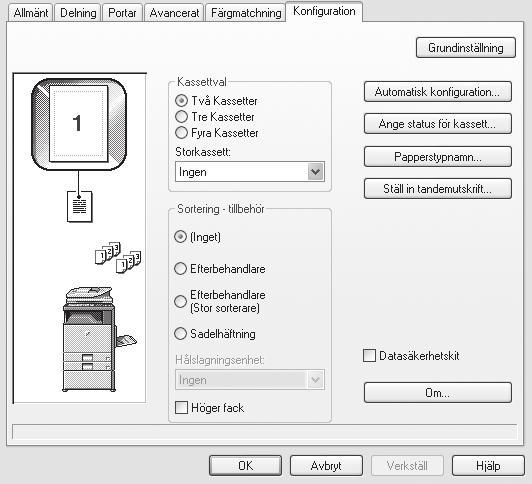 INSTALLERA SKRIVARDRIVRUTINEN / PC-FAX-DRIVRUTINEN KONFIGURERA SKRIVARDRIVRUTINEN FÖR DE TILLVAL SOM ÄR INSTALLERADE I MASKINEN När du har installerat skrivardrivrutinen måste du konfigurera