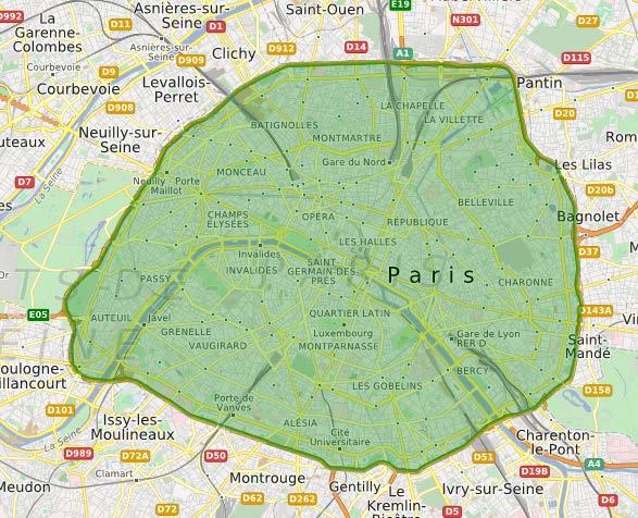 Low Emission Zones in Europe The Paris LEZ (see Figure 2.23) includes the area within the ring road (Boulevard Pèriphèrique). An extension of the boarder is planned in 2019. Figure 2.23: ZCP in Paris.