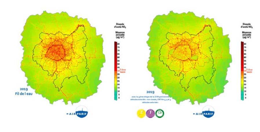 Low Emission Zones in Europe Figure 2.27: Concentration map for NO 2 in 2019 with business as usual (left) to a situation with LEZ allowing only vehicles with a yellow, purple or green stickers.